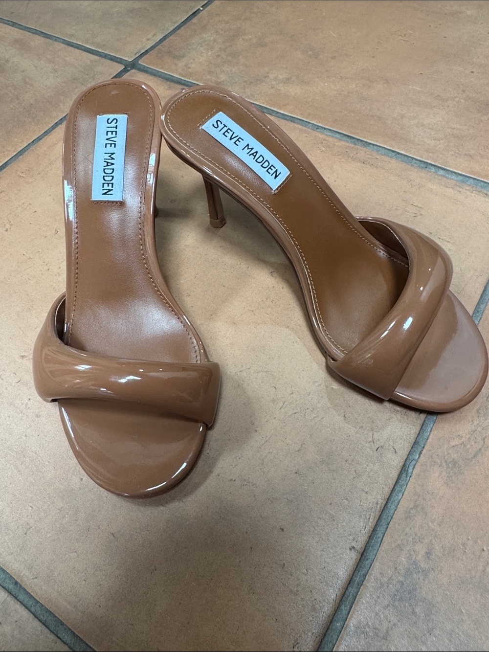 Steve Madden Patent Tan Slip-On Heeled Mules